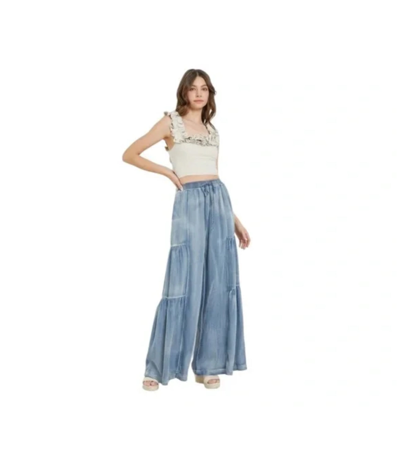 Ruffled Side Washed Denim Pant