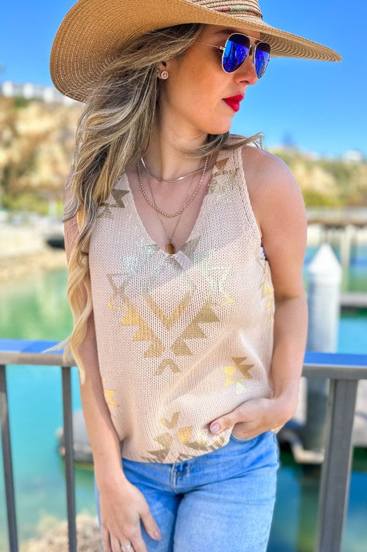 Gold Aztec Printed Knitted Top