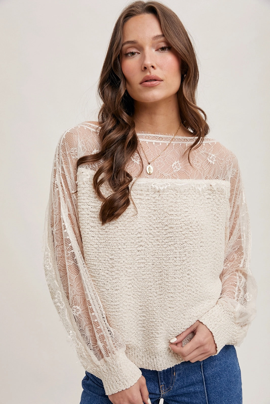 Boat Neck Lace Trimmed Knit Sweater Pullover