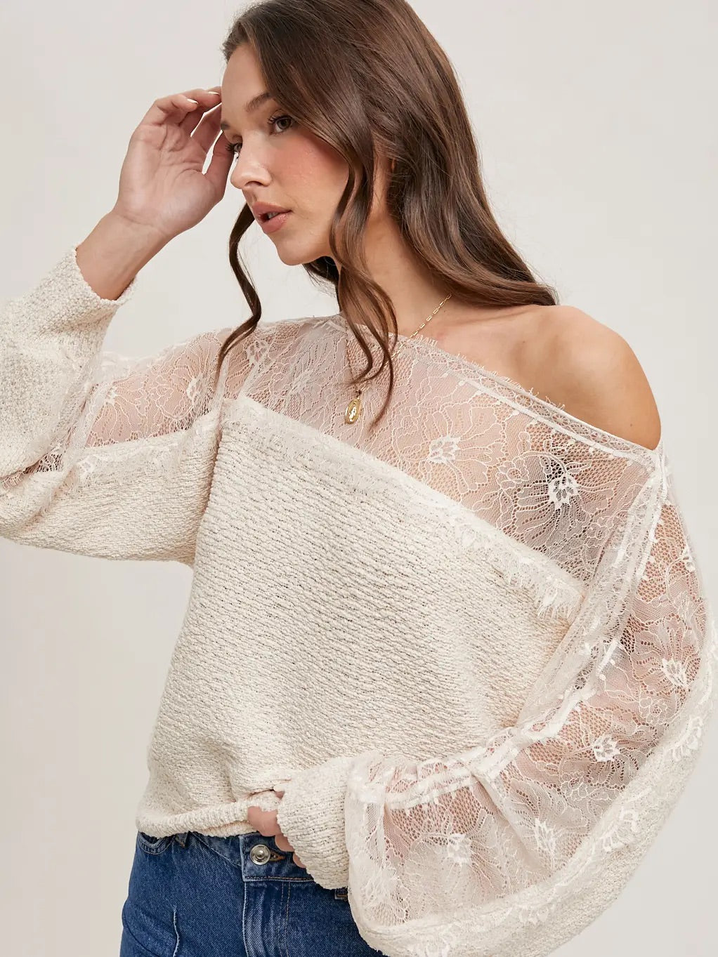 Boat Neck Lace Trimmed Knit Sweater Pullover
