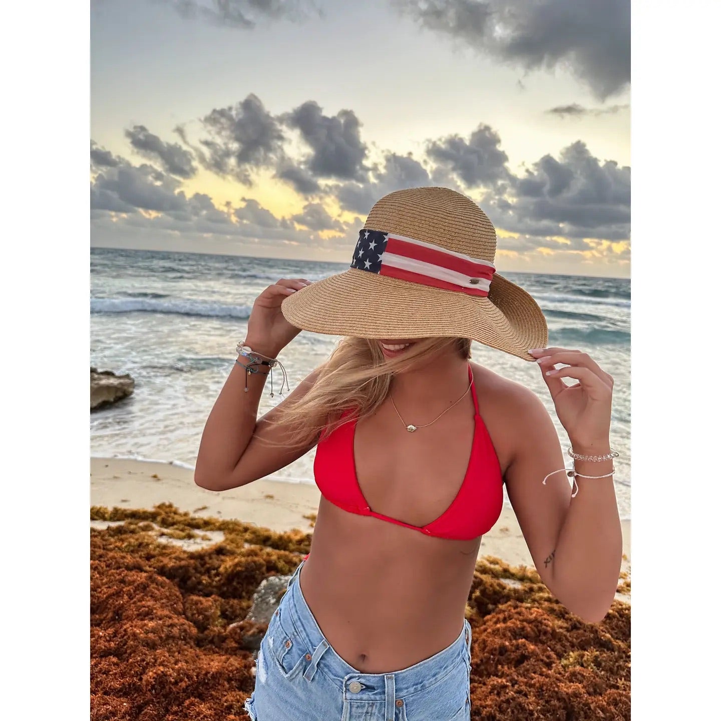 CC USA Print Ribbon Trim Wide Brim Sun Hat