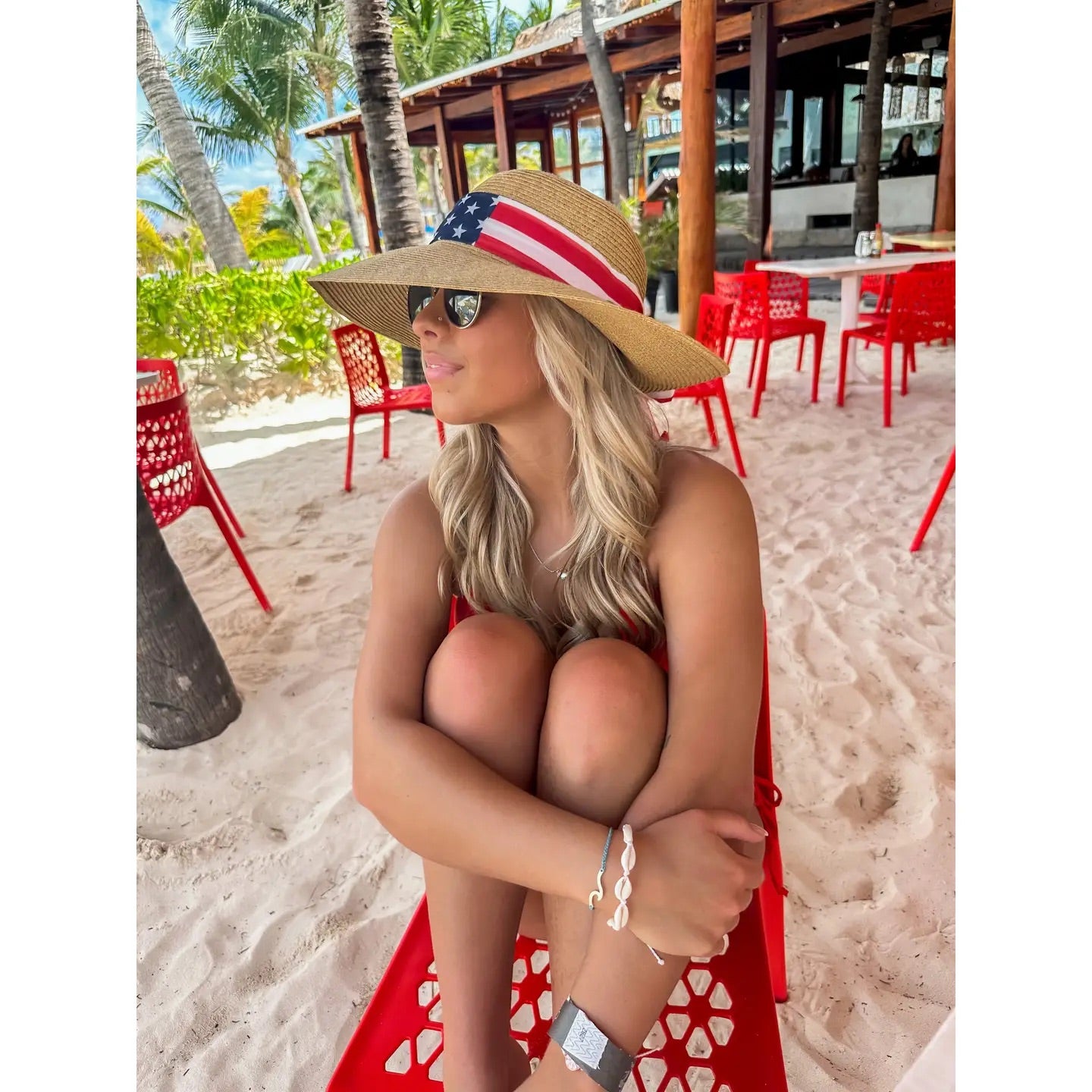 CC USA Print Ribbon Trim Wide Brim Sun Hat