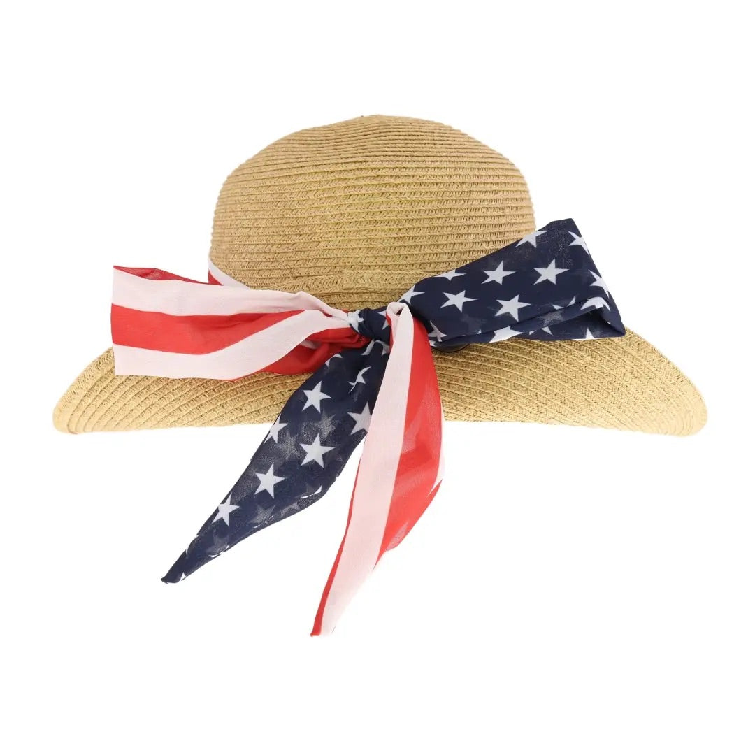 CC USA Print Ribbon Trim Wide Brim Sun Hat
