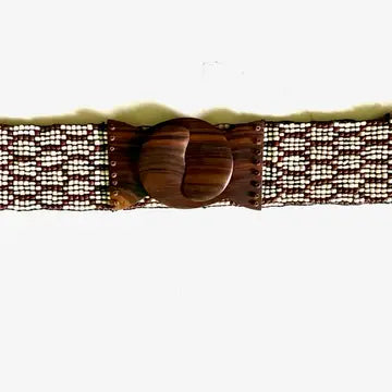 Glass Beaded Belt Wood Scroll Honeycomb Cream Hand Loomed