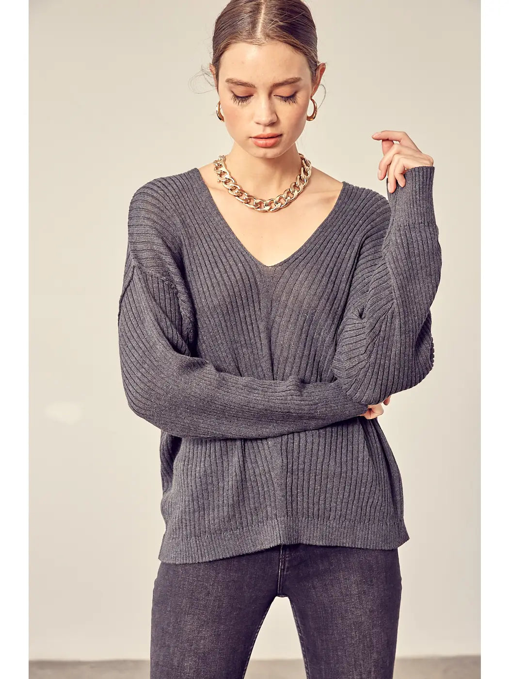 V-Neck Knit Top. - Charcoal