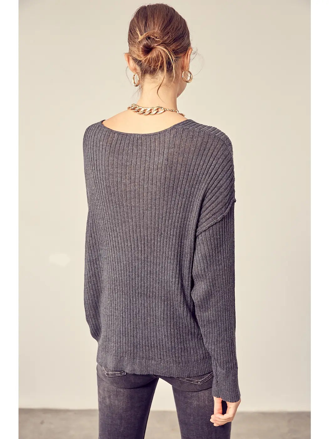 V-Neck Knit Top. - Charcoal
