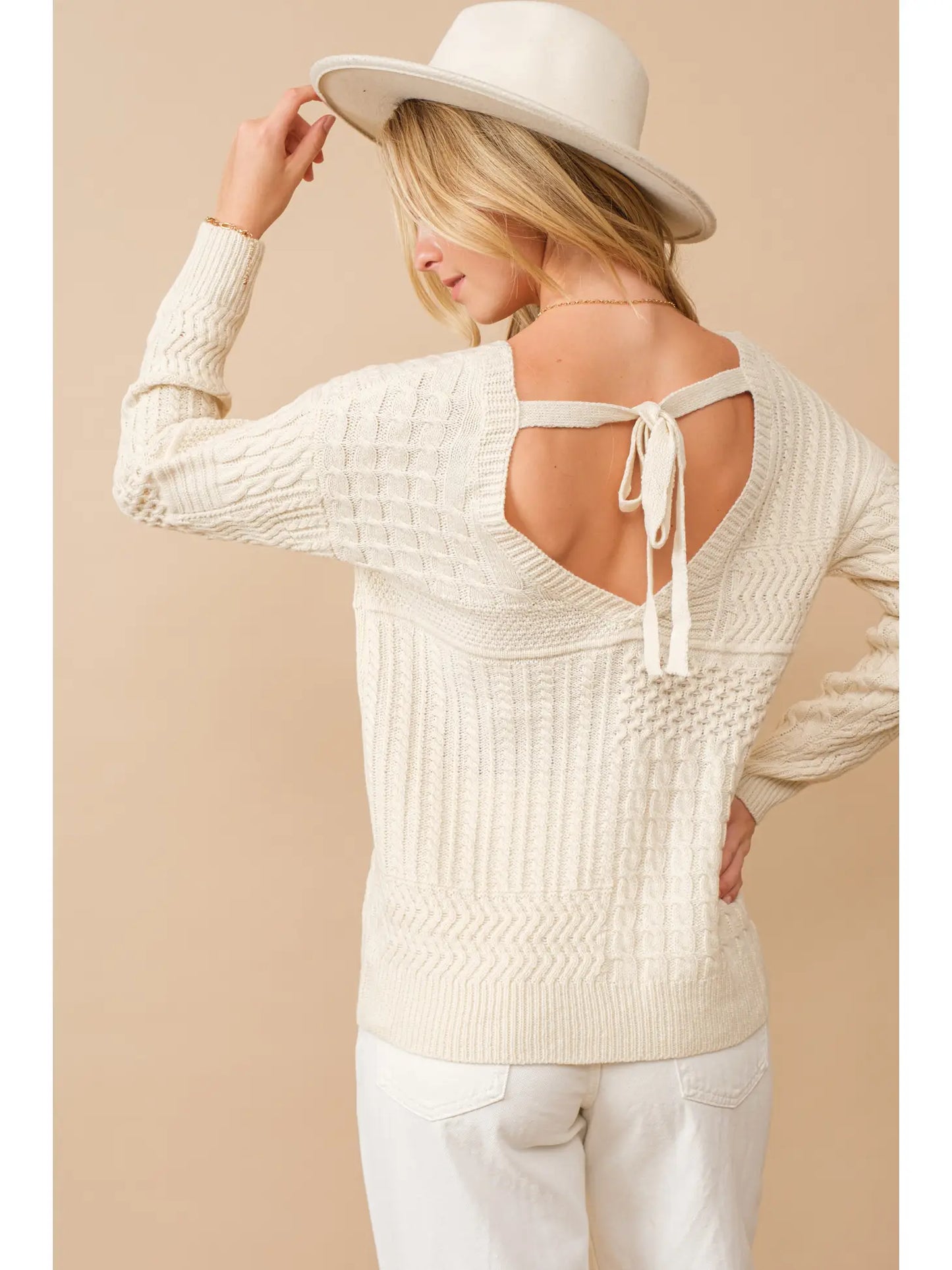 Ivory Cable Knit Open Back Sweater
