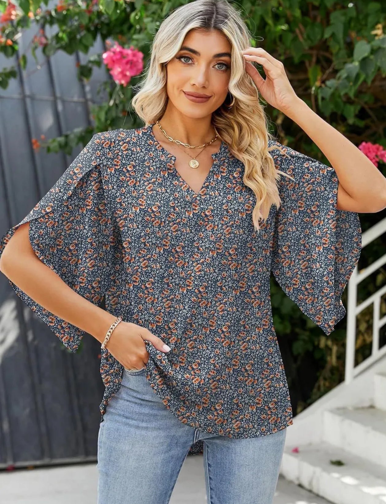 Printed Notched Half Sleeve Blouse