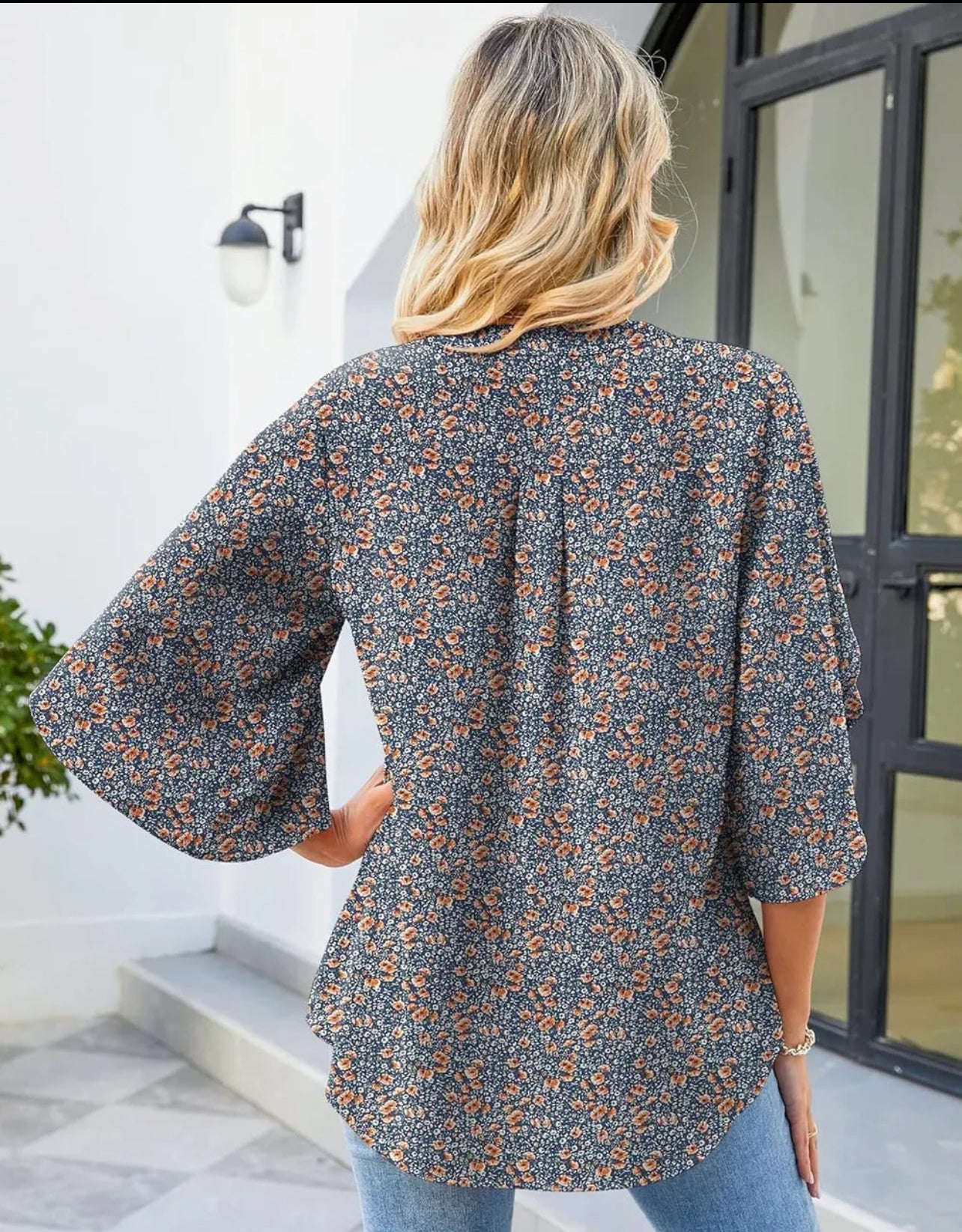 Printed Notched Half Sleeve Blouse
