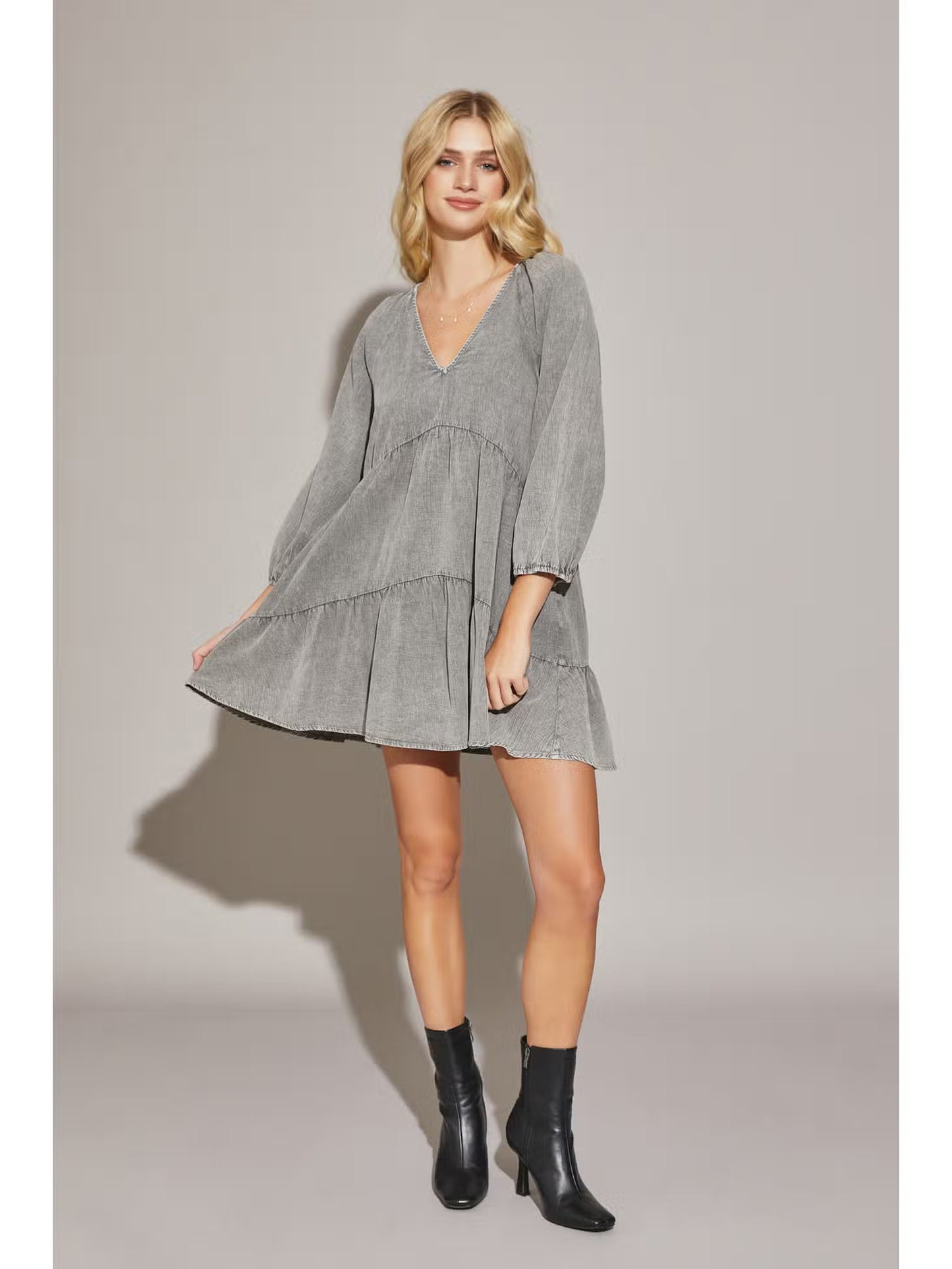 V Neck Washed Tiered Dress