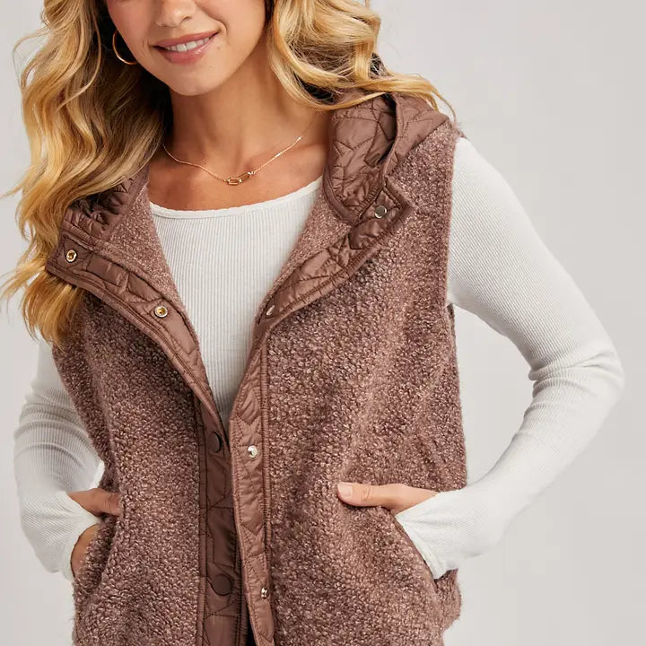 Button Down Sherpa Fleece Quilted Hood Vest