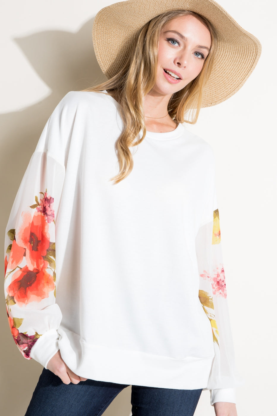 Floral Woven Volume Sleeve Top