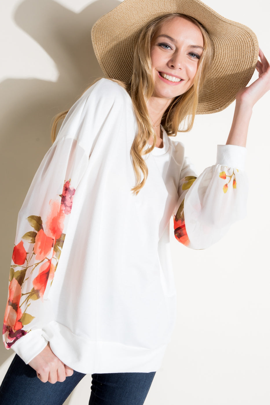 Floral Woven Volume Sleeve Top