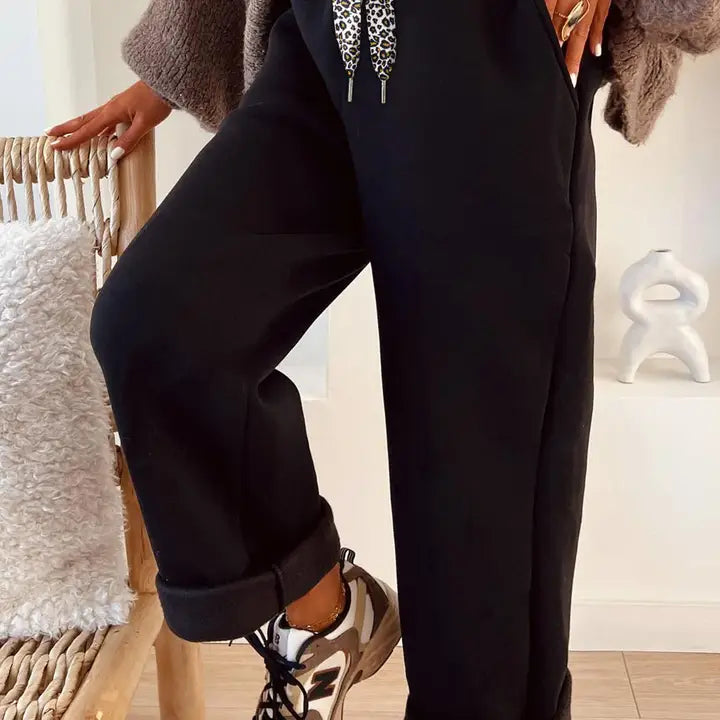Black Fleece Lined Leopard Drawstring Elastic Waist Solid Pants