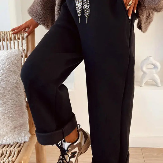 Black Fleece Lined Leopard Drawstring Elastic Waist Solid Pants