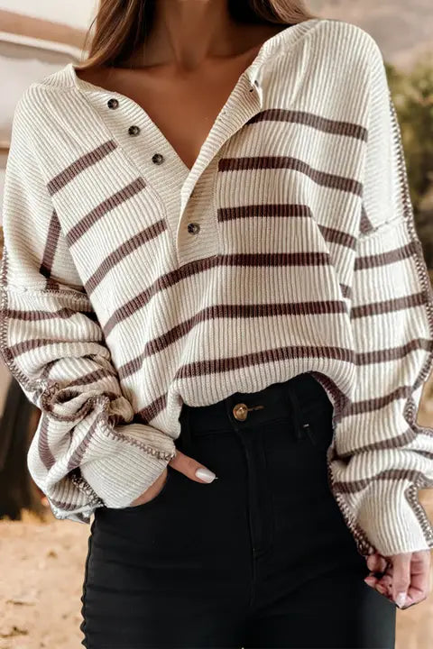 Striped Exposed Seam Loose Henley Sweater