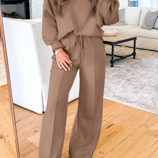 Brown Polo Collar V Neck Pullover and Drawstring Sweatpants Set