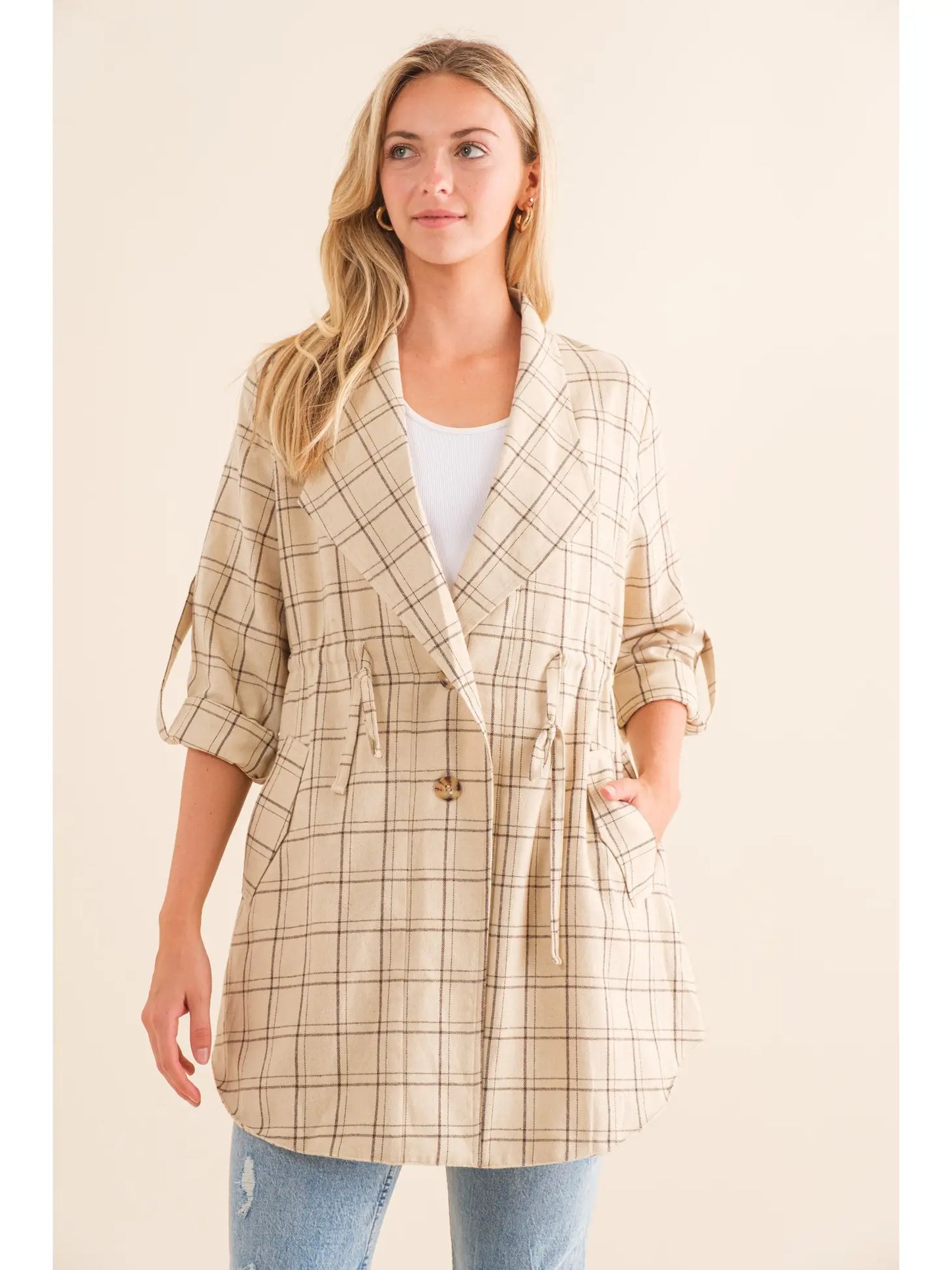 Plaid Folded Sleeve  Anorak Jacket