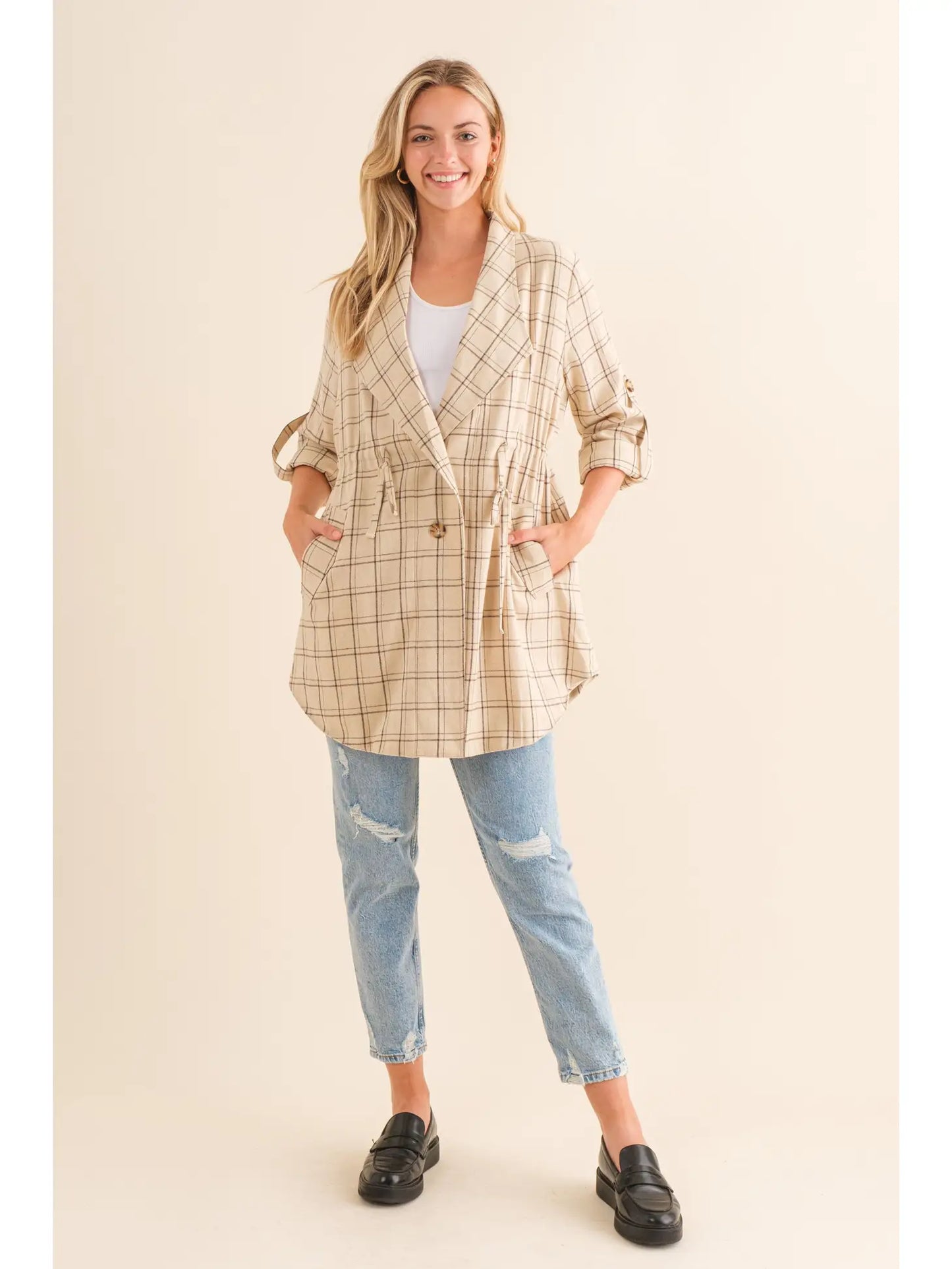 Plaid Folded Sleeve  Anorak Jacket