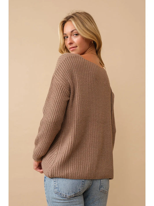 Knit Round Neck Sweater w/ Lace Up Detail