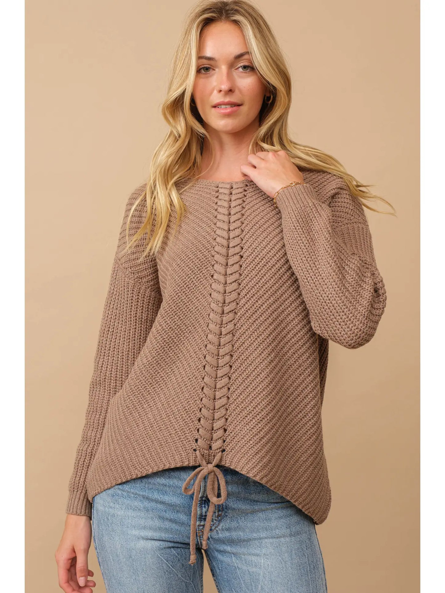 Knit Round Neck Sweater w/ Lace Up Detail