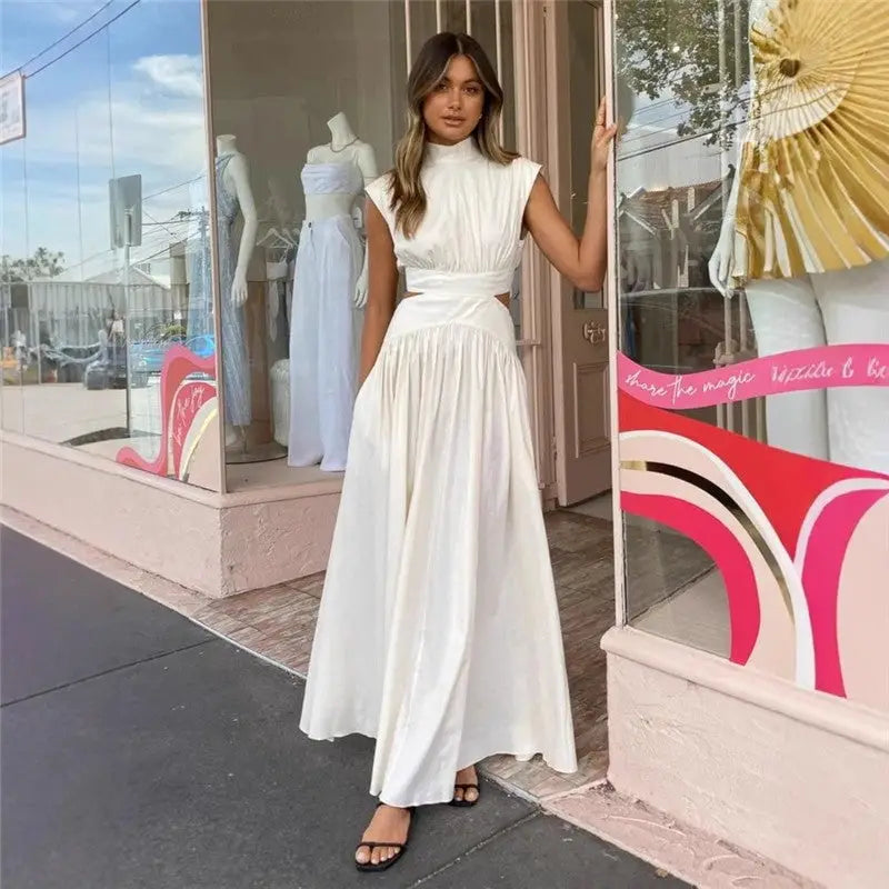 Solid White Off The Shoulder Pleated Maxi Dress