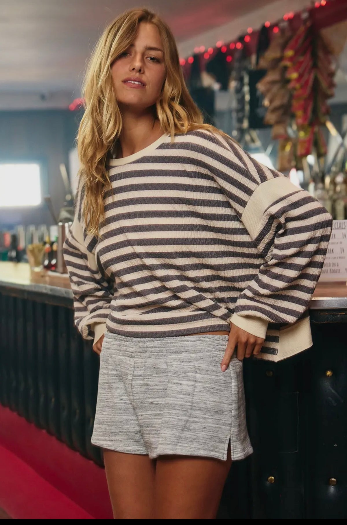 Overlap Open Back Gray Stripe Top